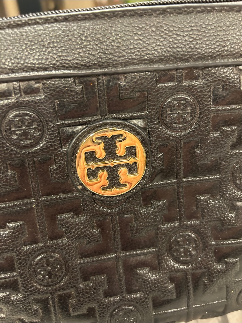 Tory Burch Black embossed leather Logo Pouch with Gold Tory Burch logo Accent. - Picture 2 of 12